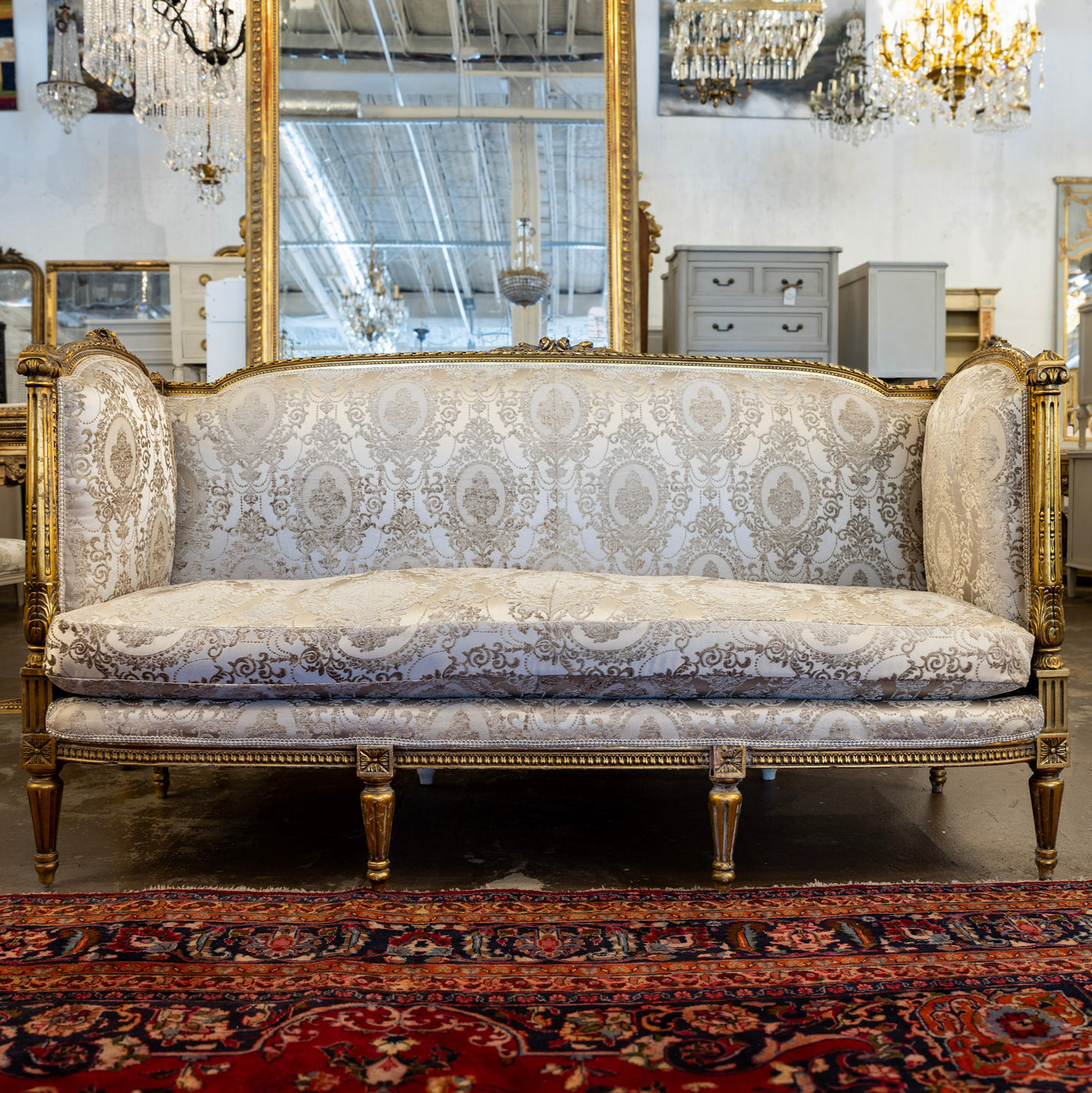 Louis XVI Sofa – Gilded with Damask Upholstery