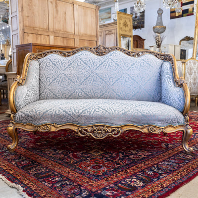 Louis XV Gilded Sofa – Detailed Carvings & Blue Damask Upholstery