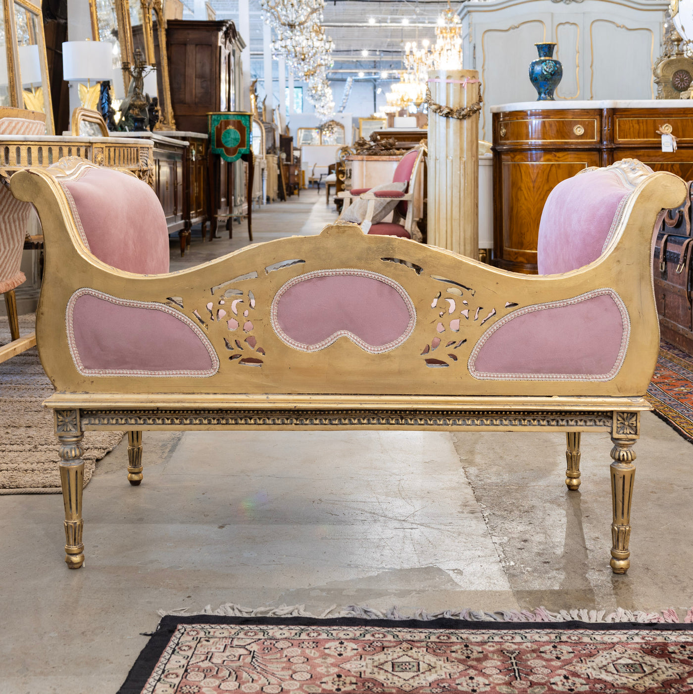 Louis XVI Gilded Settee – Pink Velvet Upholstery & Carved Detail