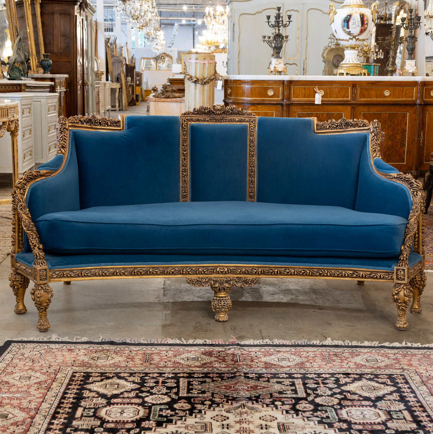 Louis XVI Gilded Sofa – Carved Detailing & Dark Blue Velvet Upholstery