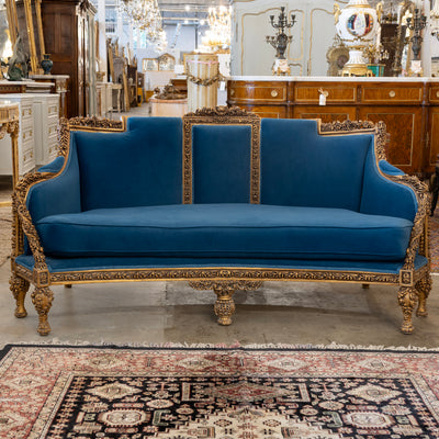 Louis XVI Gilded Sofa – Carved Detailing & Dark Blue Velvet Upholstery