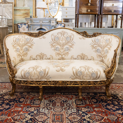 Louis XV Gilded Sofa – Carved Floral Frame & Cream Damask Upholstery