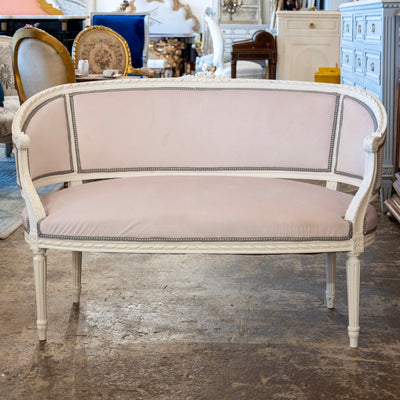 Louis XVI Petite Settee – White Frame & Baby Pink Velvet Upholstery