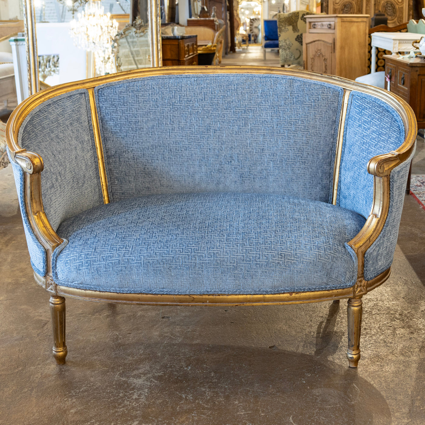 Louis XVI Round Settee – Gilded Frame & Greek Key Blue Velvet