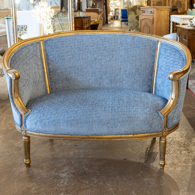 Louis XVI Round Settee – Gilded Frame & Greek Key Blue Velvet