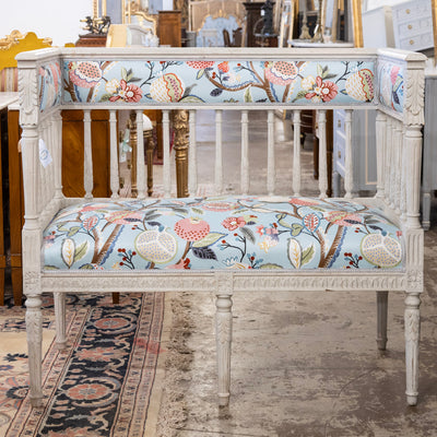 Swedish Painted Settee – Blue Botanical Print Upholstery