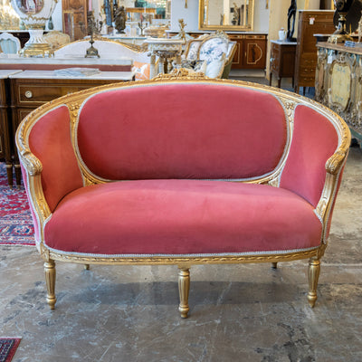 Louis XVI Gilded Settee – Dark Pink Velvet Upholstery