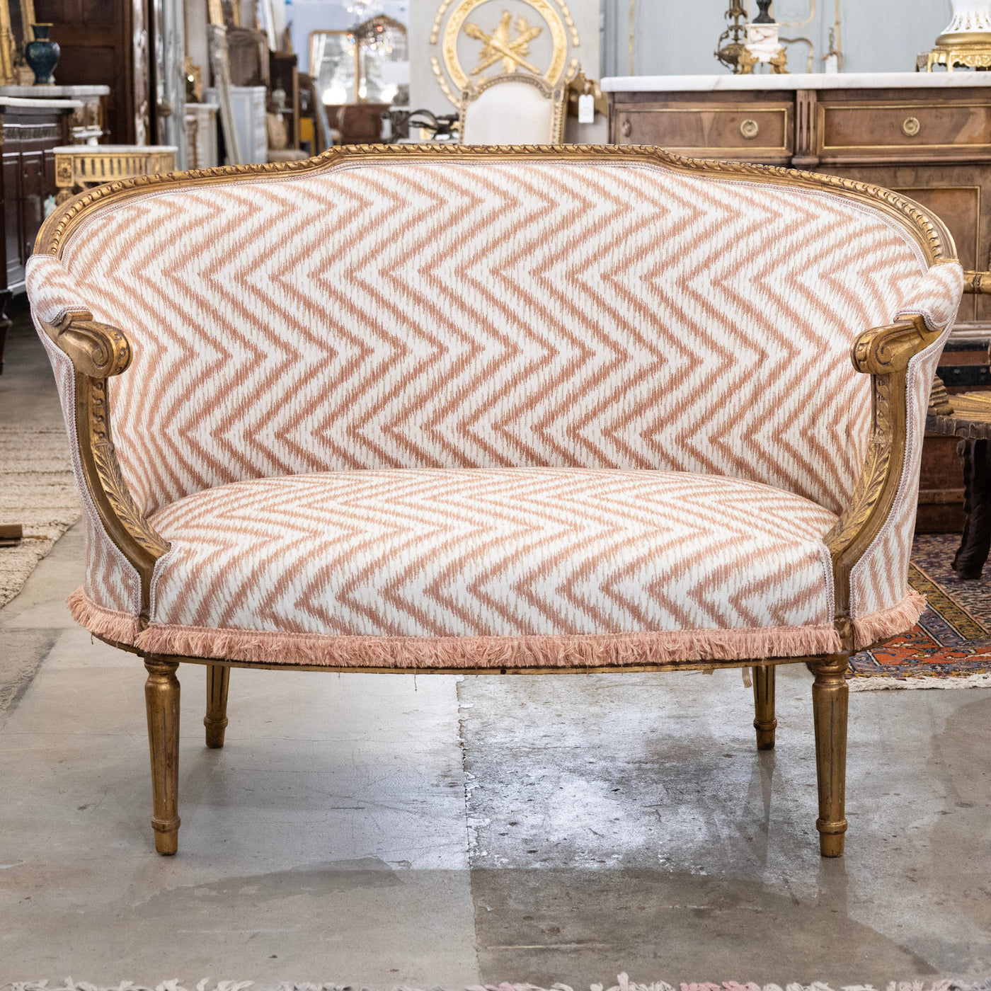 Louis XVI Gilded Settee – Pink Chevron Upholstery