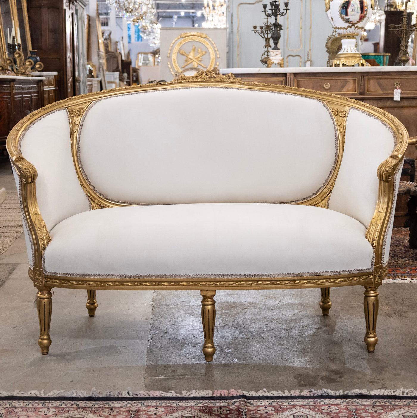 Louis XVI Gilded Settee – White Velvet Upholstery