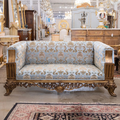 Italian Gilded Sofa – Carved Base & Blue Damask Upholstery