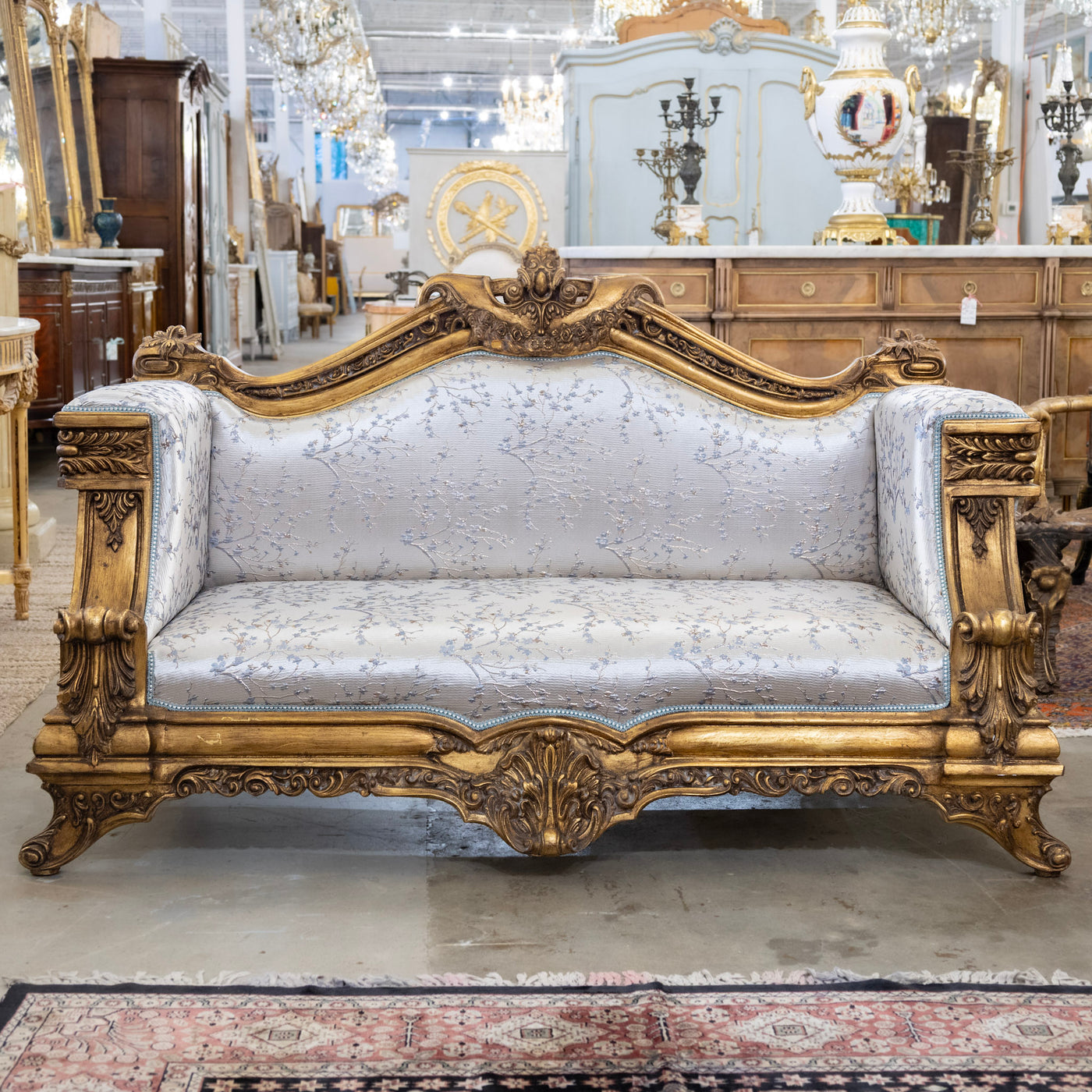 Italian Gilded Sofa – Carved Detailing & Pale Blue Silk-Weave Floral Upholstery