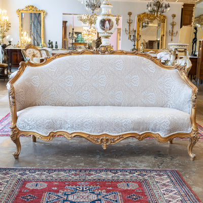 Louis XV Gilded Sofa – Carved Frame & Cream Damask Upholstery