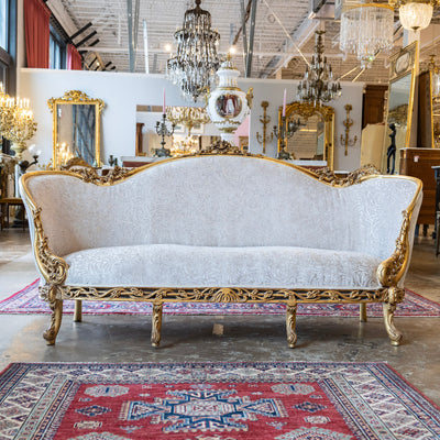 Louis XV Gilded Sofa – Carved Trim & Cream Velvet Textured Upholstery