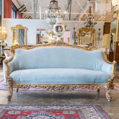 Louis Gilded XV Sofa – Baby Blue Velvet Upholstery