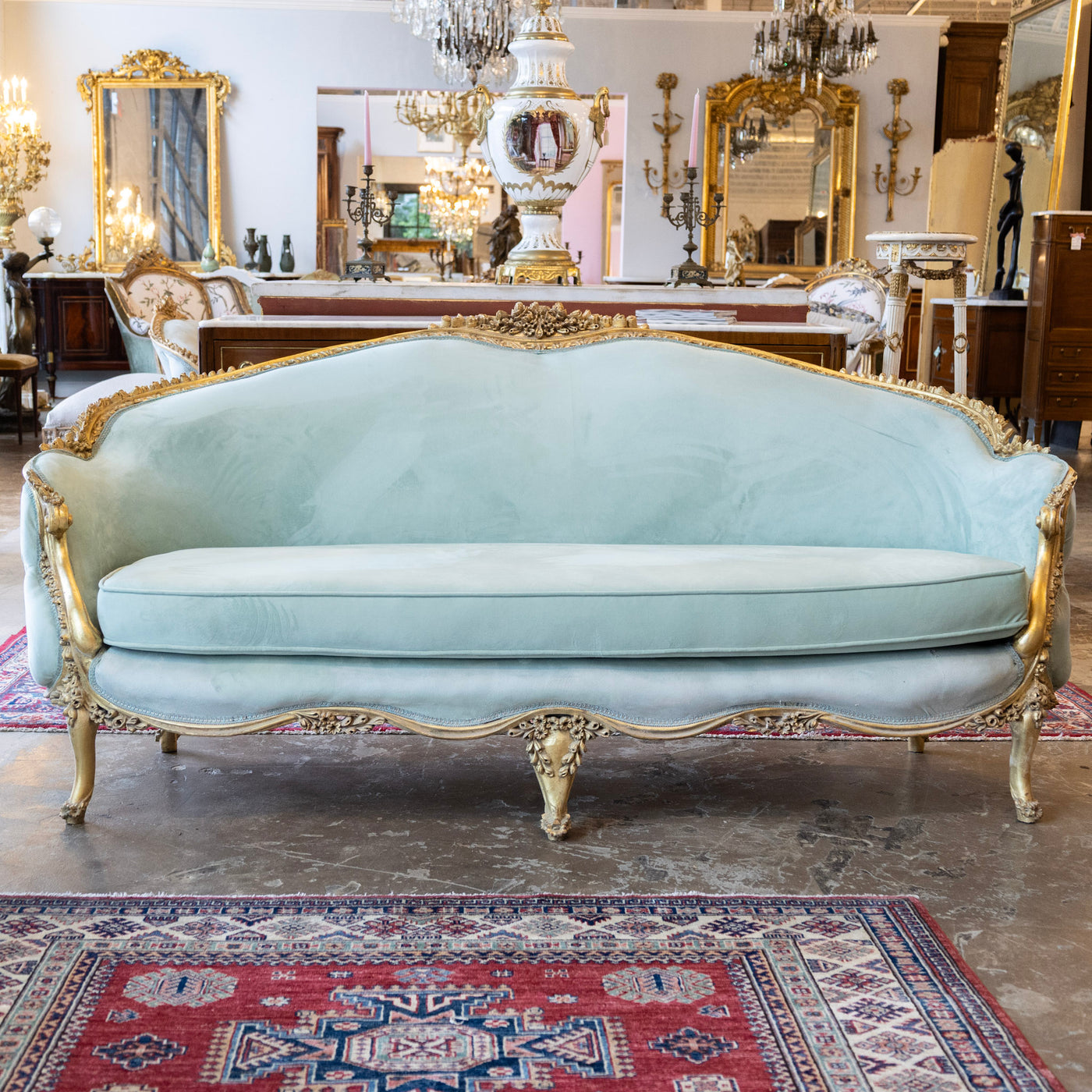 Louis XV Gilded Sofa – Carved with Tufted Pale Aqua Velvet Upholstery