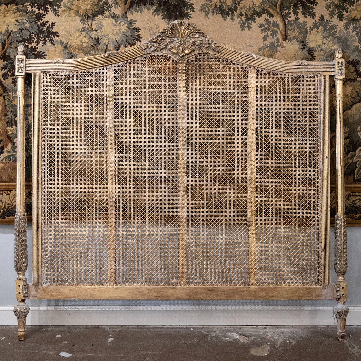 Louis XVI Gold Cane King Size Bed Set – Carved Crest & Fluted Posts