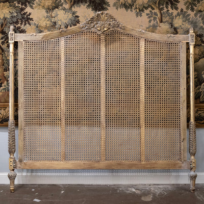 Louis XVI Gold Cane King Size Bed Set – Carved Crest & Fluted Posts