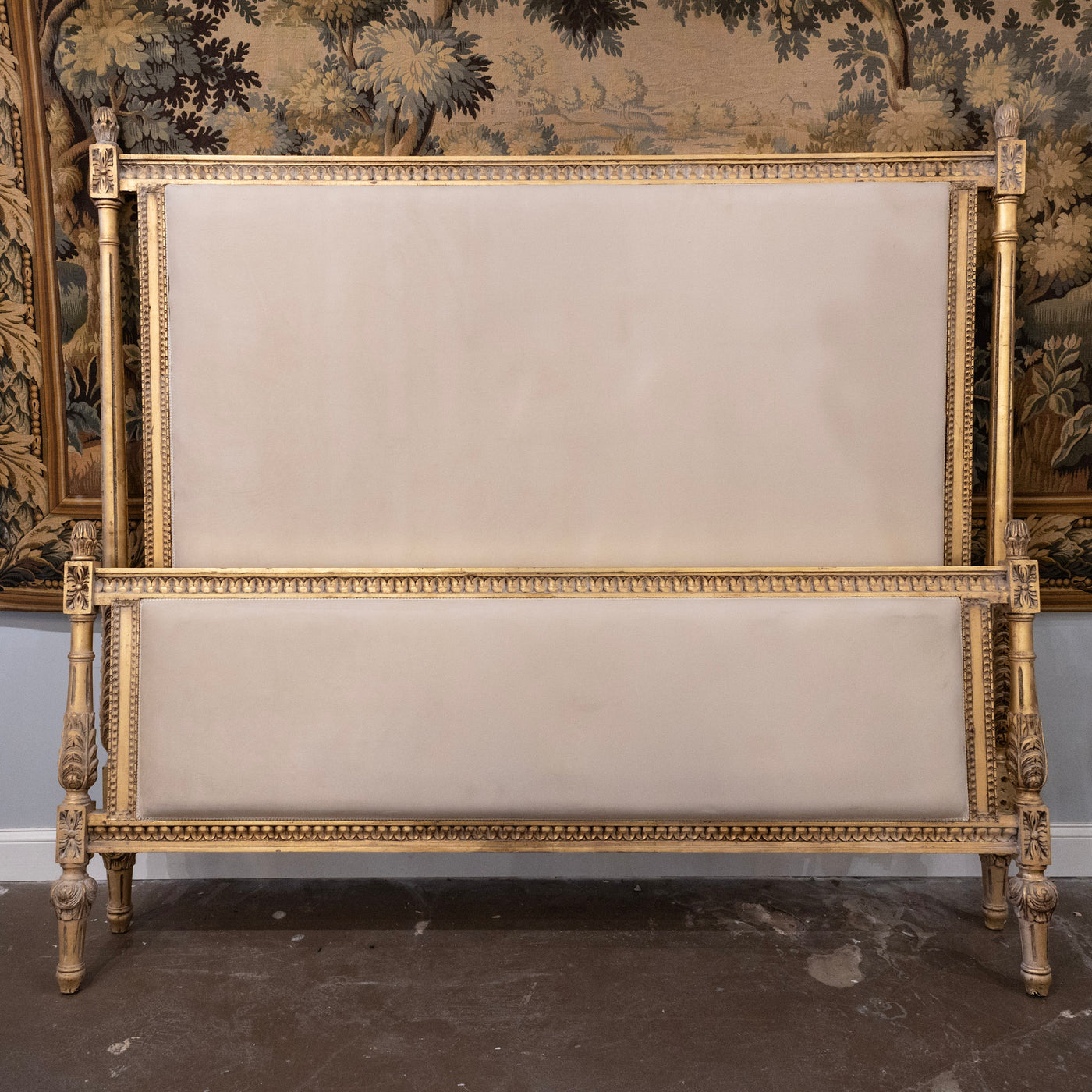 Louis XVI Gilded King Size Bed Set – Carved Frame & Posts with Cream Velvet