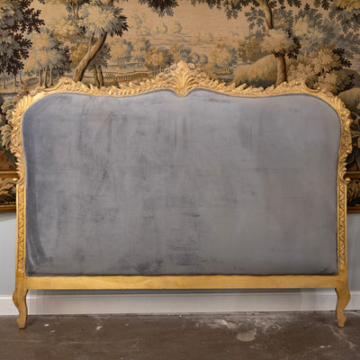 Louis XV Gilded Carved Ornate King Size Headboard – Dark Blue-Grey Velvet