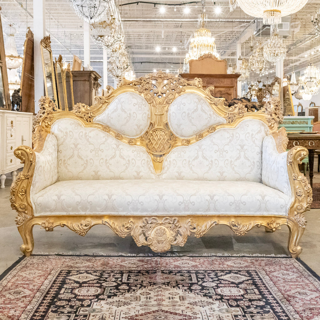 Louis XV Gilded Ornate Sofa – White Silk-Weave Upholstery with