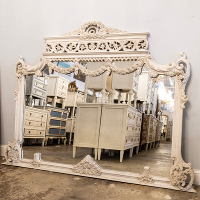 Louis XV Trumeau Mirror – Intricate Wreath Carvings in Antique White