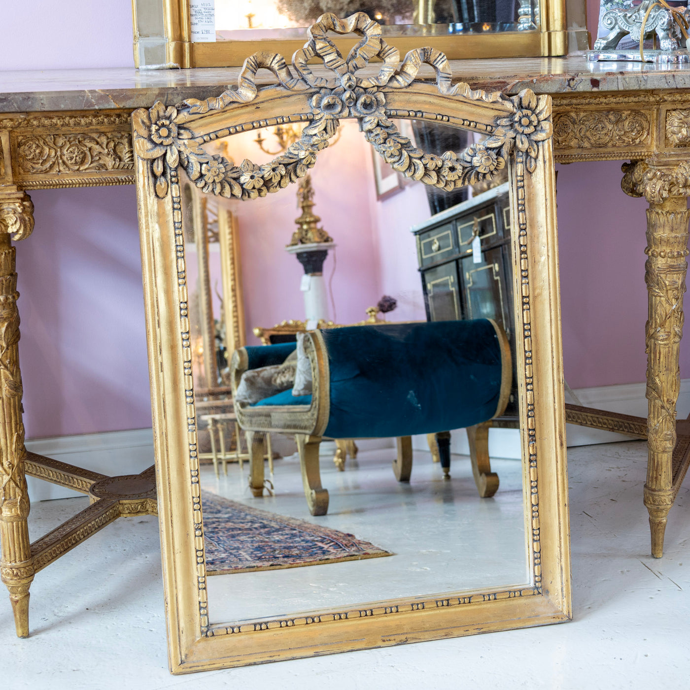 Louis XV Gilded Mirror – Carved Floral Garland & Ribbon Heart Crest - Louis XV Mirror | Le Chateau (Atlanta, GA) • 1