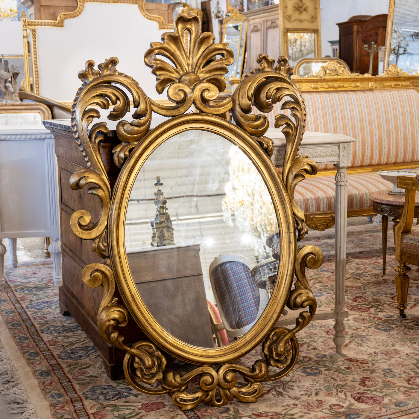 Italian Gilded Oval Mirror – Rococo Carvings