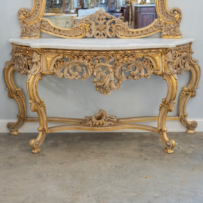 Gilded Rococo Mirror & Console – Ornate Hand-Carved Scrollwork & White Marble Top