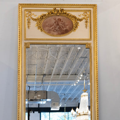 Louis XVI Gilded Trumeau Mirror – Cherub Painting & Bow Carvings