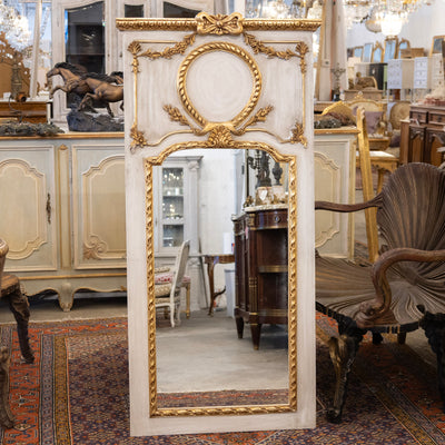 Louis XVI White Trumeau Mirror – Carved Laurel Wreath & Bow Crest