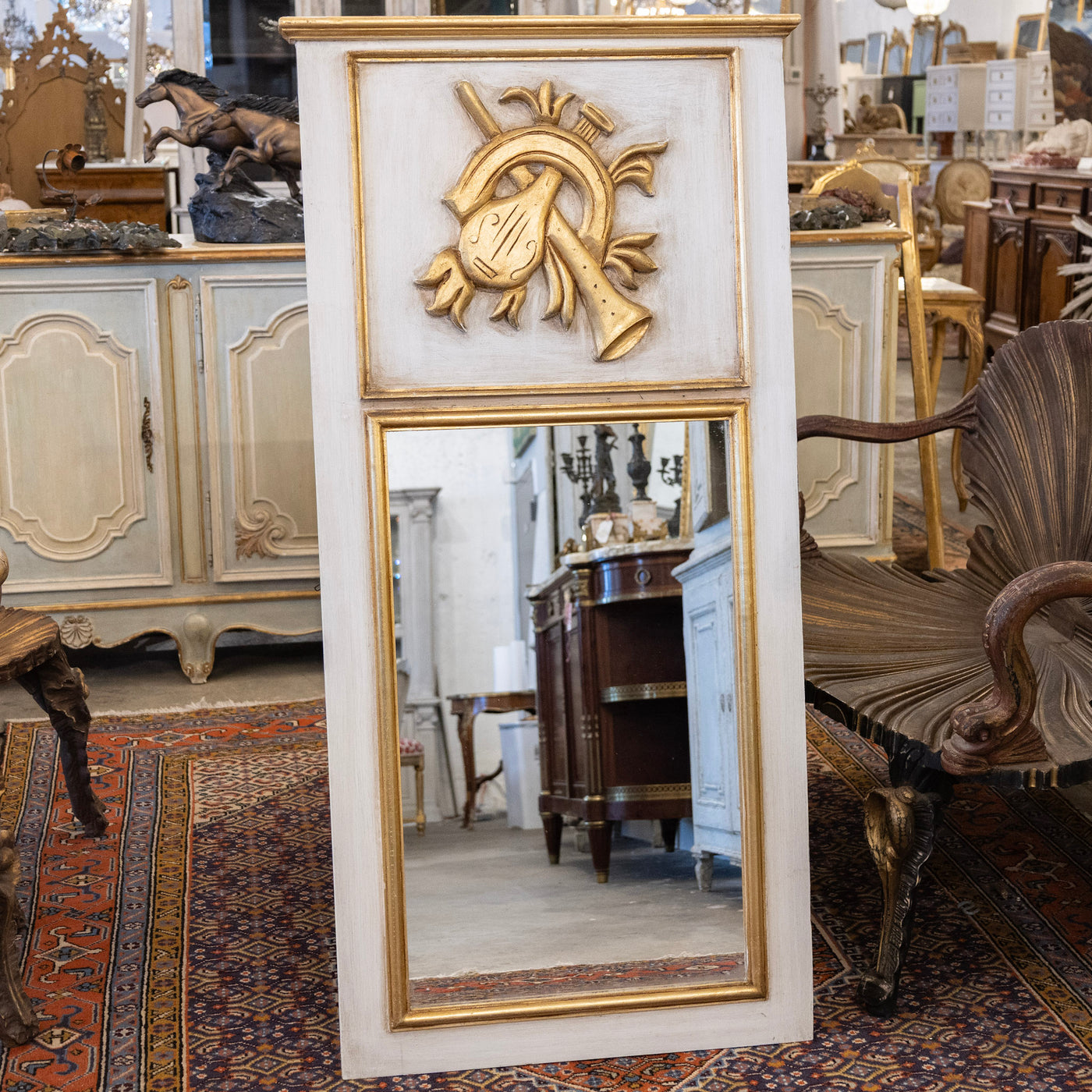 Louis XVI White Trumeau Mirror – Carved Musical Crest