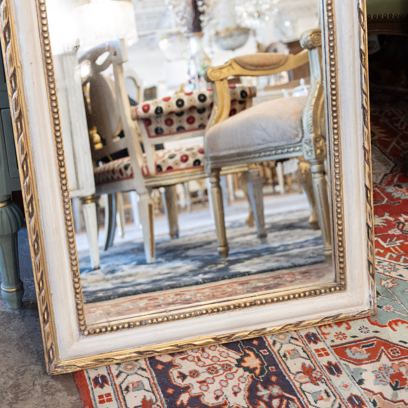 Louis Philippe White & Gold Mirror – Beaded & Rope Carved Trim