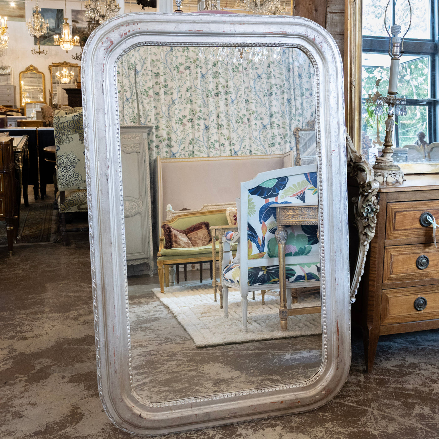 Louis Philippe Grand Silver Leaf Mirror – Rounded Beaded Frame with Patina