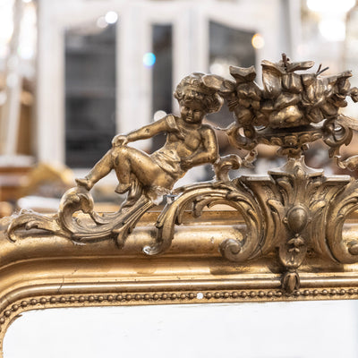 18th century Ornate French Gilded Mirror – Cherub Crest & Beaded Frame