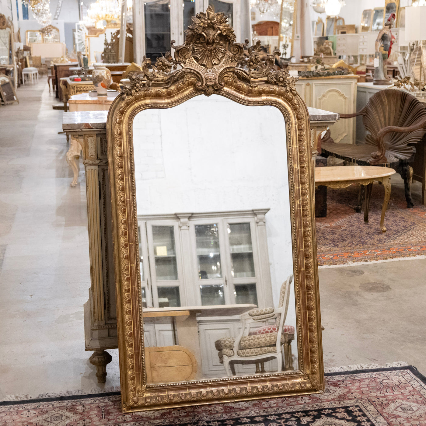 18th-Century Ornate French Gilded Mirror – Shell Crest & Carved Trim
