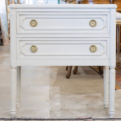 Swedish 2-Drawer Nightstand – Rounded Corners & Brass Ring Pulls in Dove White