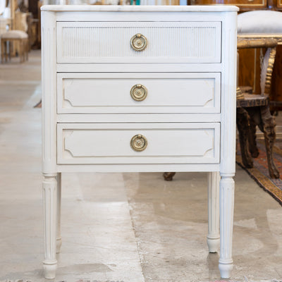 Swedish 3-Drawer Nightstand – Reeded and Carved Detailing & Marble Top in Dove White