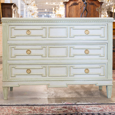Swedish 3-Drawer Chest – Carved Open Rope Trim & Green-Blue Finish