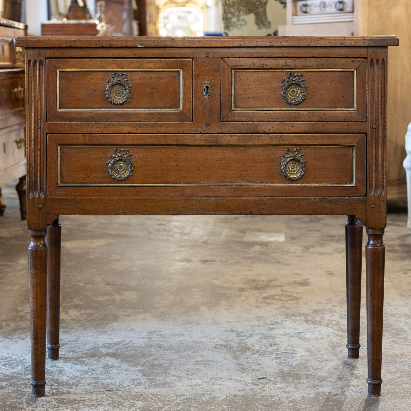 Louis XVI 3-Drawer Nightstand – Dark Brown Wood