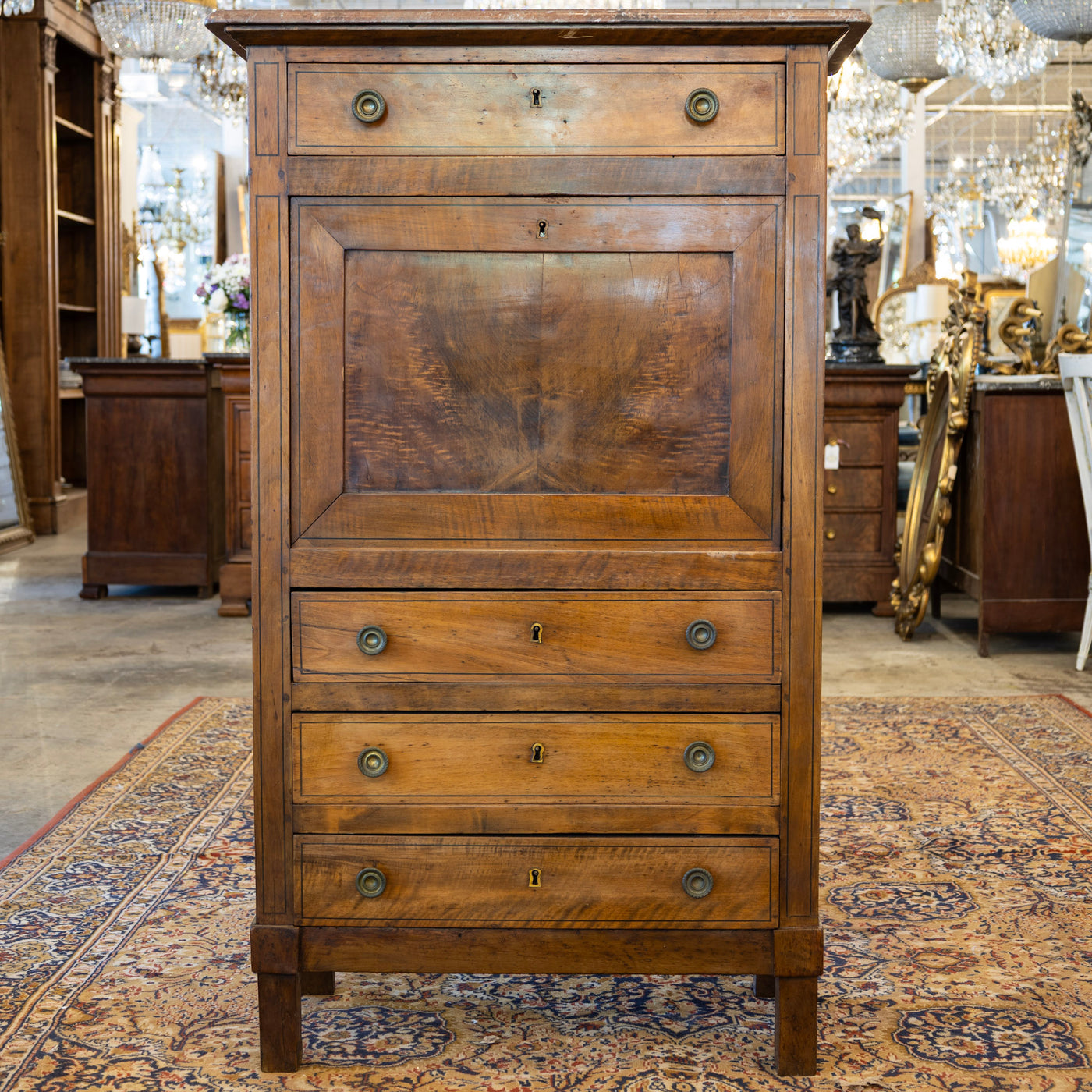 Louis XVI Wood Secretary Desk – Drop Front Drawers with Rosy-Brown Marble Top