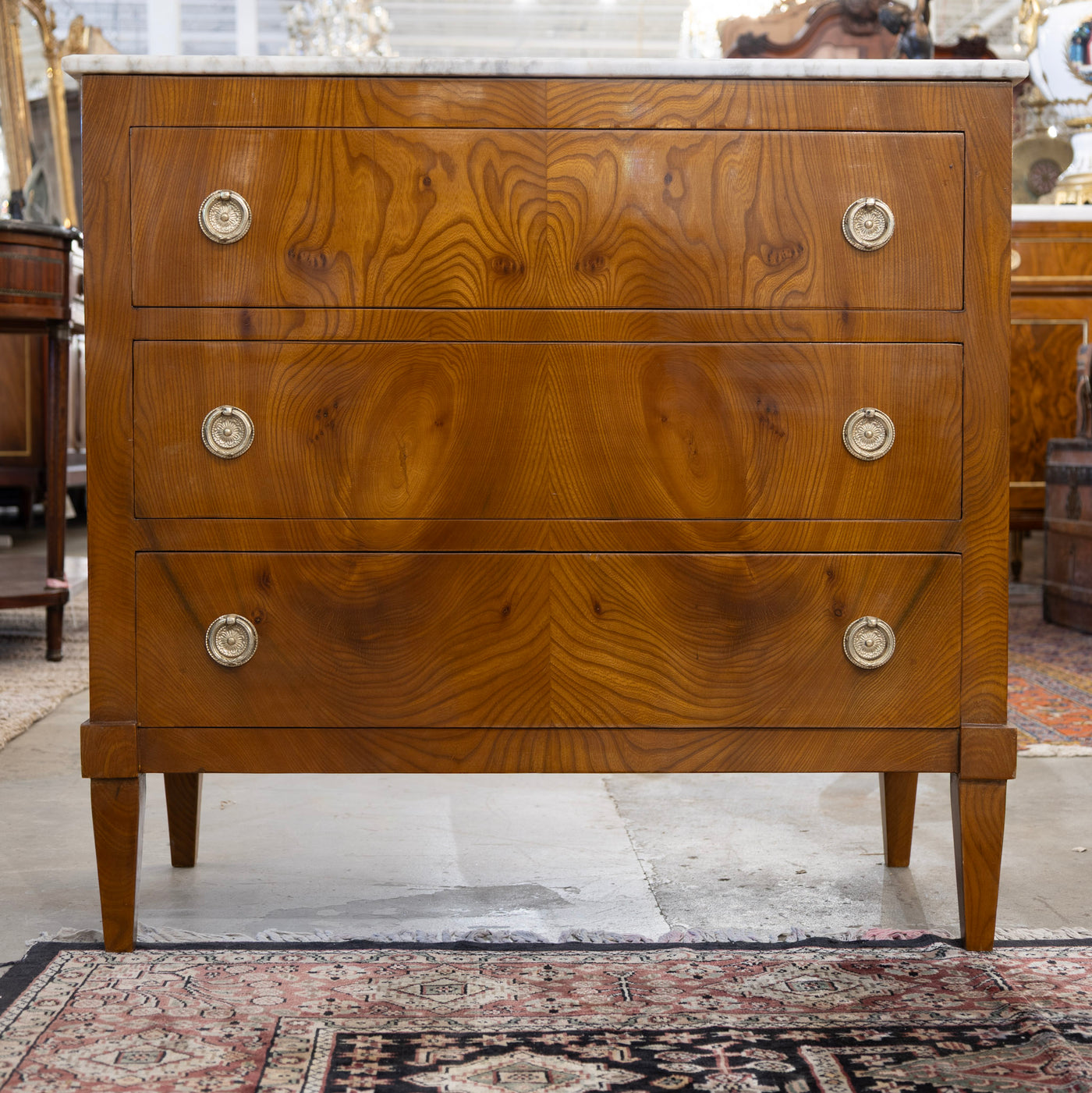 Art Deco 3-Drawer Chest – Burl Wood & White Marble Top