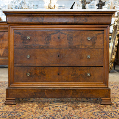Louis Philippe Burl Wood Chest – White Marble Top & Brass Pulls