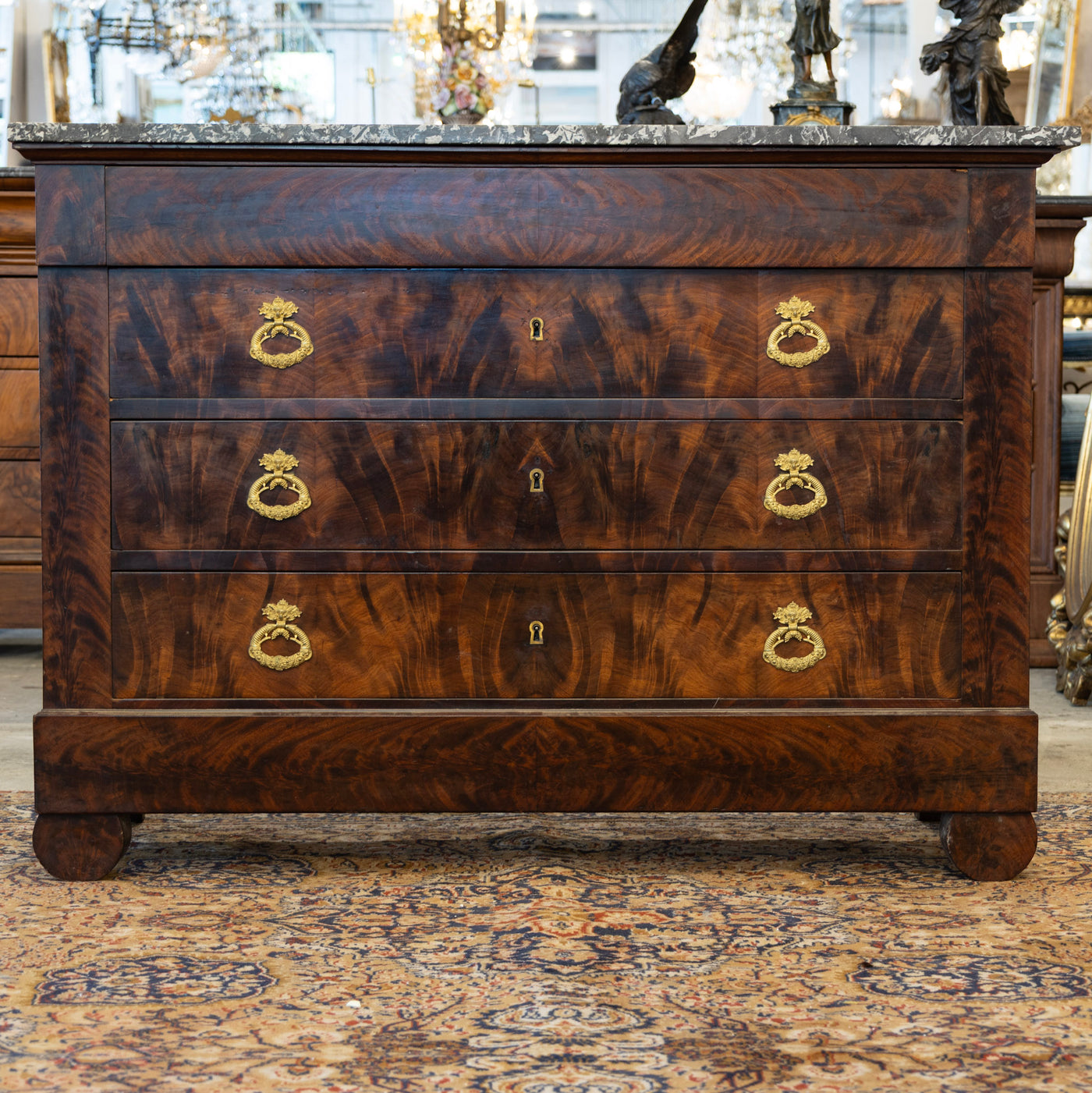 Louis Philippe Burl Wood Chest – Black Marble Top & Ornate Brass Pulls