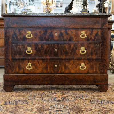 Louis Philippe Burl Wood Chest – Black Marble Top & Ornate Brass Pulls