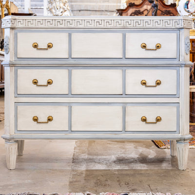 Swedish 3-Drawer Chest – Greek Key Carving & Blue Trim