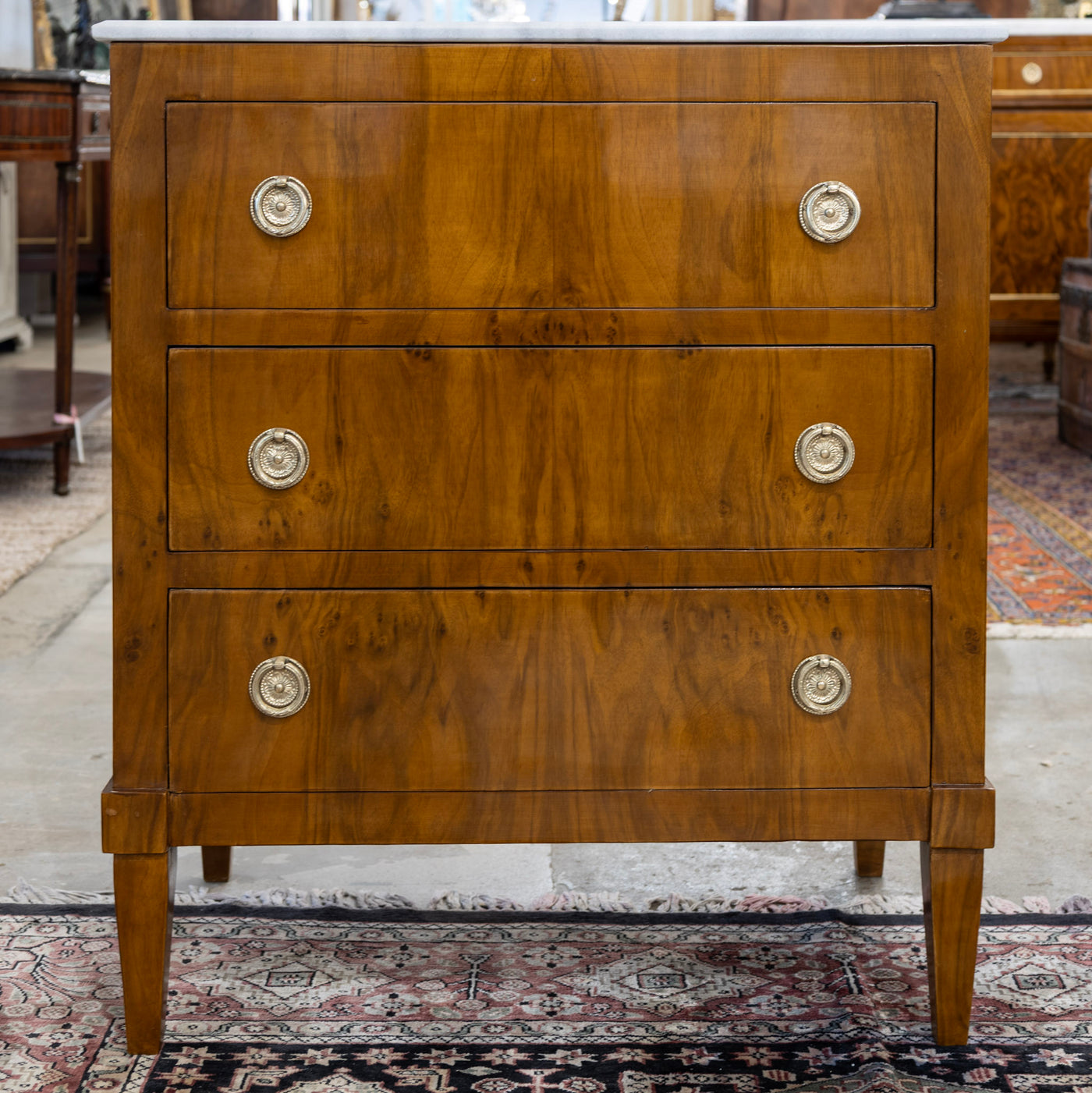Art Deco 3-Drawer Nightstand – Burl Wood & White Marble Top