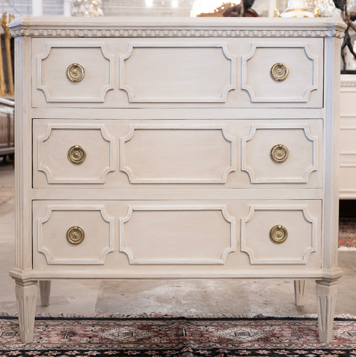 Swedish 3-Drawer Chest – Canted Corners & Open Geometric Trim in Antique White