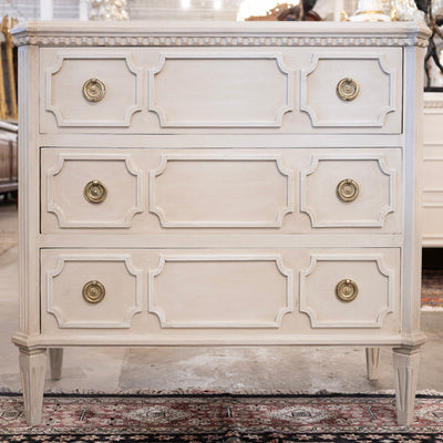 Swedish 3-Drawer Chest – Canted Corners & Open Geometric Trim in Antique White
