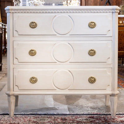 Swedish 3-Drawer Chest – Canted Corners & Circular Carved Detail in Antique White