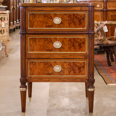 Louis XVI Burl Wood Nightstand – Gilded Trim & Fluted Legs